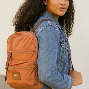 Frye Rust Brown Nylon Backpack with Leather Trim Everyday Travel Bag